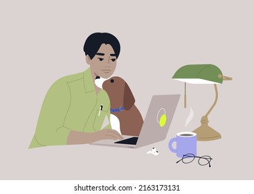 A young male Asian character cuddling with their dog while working on a laptop, a work from home concept