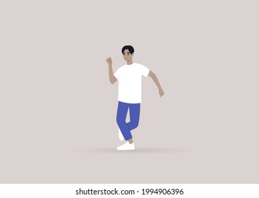 A young male Asian character dancing to a song, modern gen z lifestyle