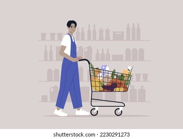 A young male Asian character in denim overalls pushing a grocery cart in a supermarket