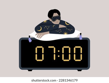 A young male Asian character dressed in pajamas and a mask, reclines atop a big digital alarm clock