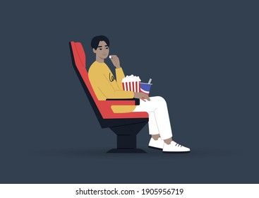 Young male Asian character eating snacks and watching a movie at the cinema, entertainment concept