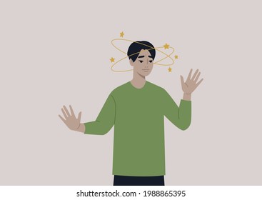 A Young Male Asian Character Feeling Dizzy With Yellow Stars Orbiting Around Their Head