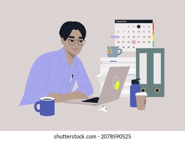 A young male Asian character focused on their work, a workplace scene, daily routine