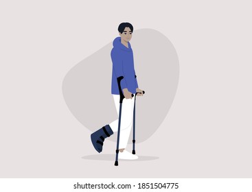 A young male Asian character with a fractured leg using crutches to walk, health care