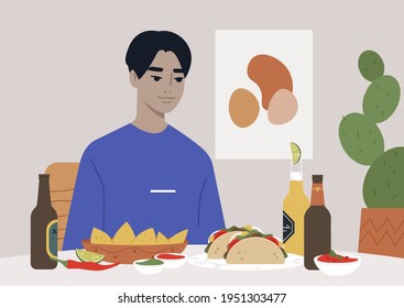 A young male Asian character having dinner in a Mexican restaurant with traditional food