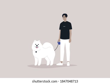 A young male Asian character holding a fluffy Samoyed puppy on a leash, walking a dog scene
