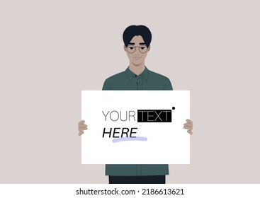 A Young Male Asian Character Holding A Poster, Your Text Here Concept