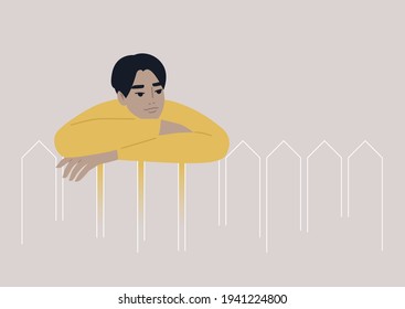 A young male Asian character leaning on a wooden fence, a neighbourhood life, outdoors