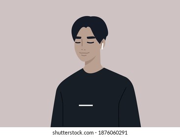 a young male Asian character listening to music, calm and relaxing atmosphere, stress relief