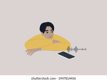 Young male Asian character listening to a voice message on their mobile phone, new ways of communication, a podcast media format