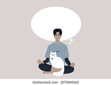 A young male Asian character meditating with a white cat on their lap, clear mind and thoughtfulness