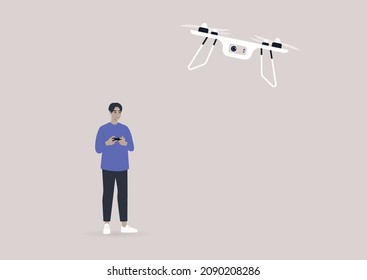 Young male Asian character operating a hovering drone with a remote control