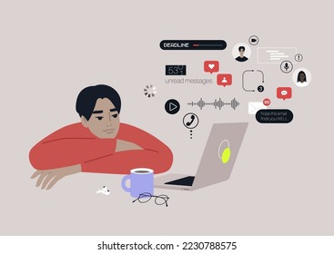 A young male Asian character ovewhelmed with online notifications, messages, calls, emails, social media reactions, and other digital activities