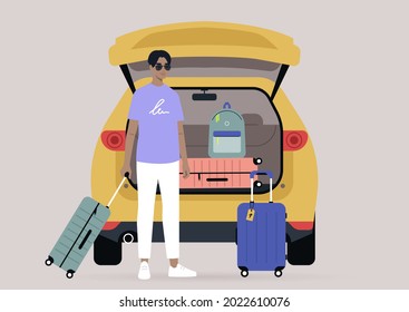 A young male Asian character packing suitcases in a car trunk, summer break road trip, vacation lifestyle