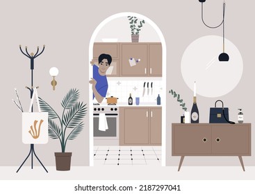 A young male Asian character peeking out of doorway, a kitchen seen from the hall