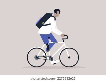 A young male Asian character with a prosthetic leg riding a bike