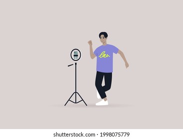 A young male Asian character recording a dancing challenge video with their mobile phone on a tripod, modern gen z lifestyle