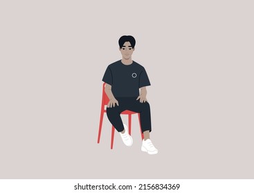 A young male Asian character sitting on a red chair, a confident handsome boy