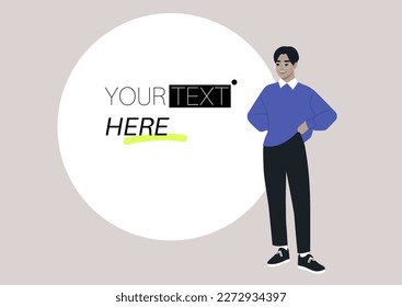 A young male Asian character standing next to a text template, a copy space composition