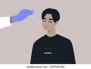 A young male Asian character takes a medical covid-19 PCR test, a hand in a protective glove holding a cotton swab