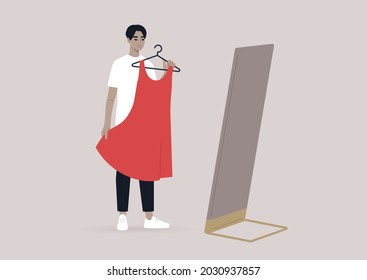 A young male Asian character trying a dress in a fitting room, fashion industry and gender identity