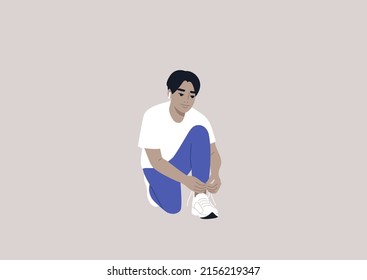 A young male Asian character tying their shoes, a daily routine ritual
