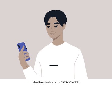 A young male Asian character using a mobile phone, millennial daily life