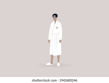 A young male Asian character wearing a white hotel bathrobe and slippers, a luxury lifestyle concept, wellbeing and body care