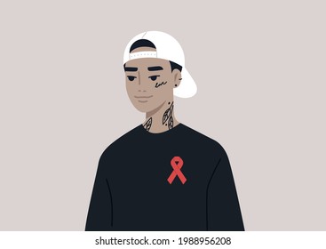 A young male Asian character wearing a red ribbon, a symbol of HIV and AIDS support