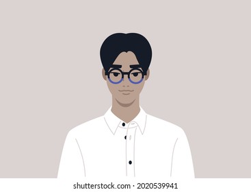 A young male Asian character wearing fancy eyeglasses and a white button up shirt, office smart casual lifestyle