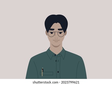 A Young Male Asian Character Wearing A Button Down Shirt And Metal Frames, A Smart Casual Office Dress Code