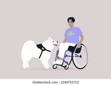 A young male Asian character in a wheelchair playing with a samoyed puppy, a friendship concept