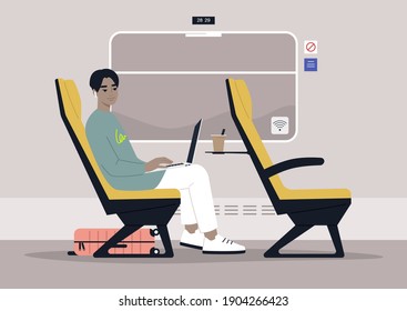 Young male Asian commuter rides a train next to a window, modern lifestyle and travel