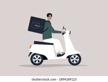 Young male Asian courier driving a scooter, food delivery concept