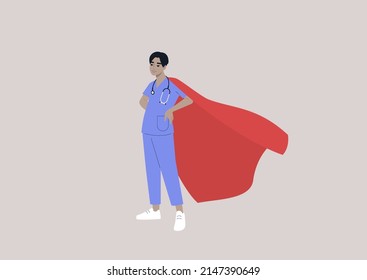 A Young Male Asian Doctor Wearing A Red Cape, Superheroes At Work