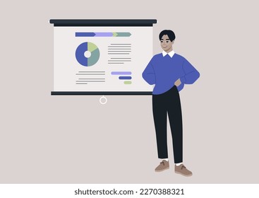 A young male Asian financial advisor reporting on a conference, a video projector screen with a pie chart infographics