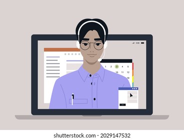 A young male Asian hotline assistant wearing a headset, online customer service info line