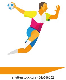 A young male athlete is a player in a handball player who throws the ball in a jump