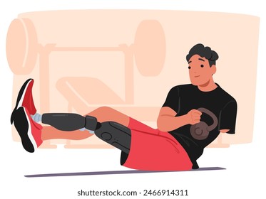 Young Male Athlete With A Prosthetic Leg Working Out In A Gym, Using A Kettlebell To Strengthen His Muscles. Vector Scene Promotes Perseverance, Accessibility, And Inclusiveness In Sports And Fitness