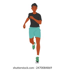 Young Male Athlete In Running Motion Front View. Black Male Character Jogs, Dressed In A Casual Sportswear T-shirt And Shorts, His Expression Focused And Determined. Cartoon People Vector Illustration