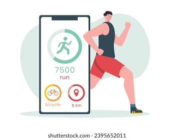 Young male athlete is running with smartphone digital tracking runner application, healthy lifestyle. Character design. Vector flat illustration