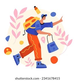 Young male with backpack traveling. Finding route while traveling. Concept of tourism. Flat vector illustration in cartoon style in blue and yellow colors