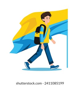 Hombre joven con mochila caminando confiadamente con una bandera grande. Adolescente vestido de piel lleva la bandera nacional en su hombro. El patriotismo y el concepto de orgullo ilustran el vector.