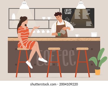 Young Male Barista Making Coffee And Talking With Customer