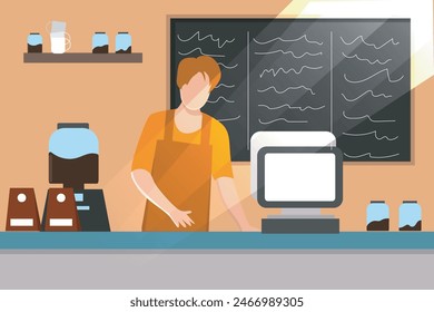 young male barista is making coffee drinks in a cafe and counting money. vector illustration