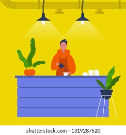 Young male barista pouring coffee at the bar counter. Cafe. Loft interior. Modern lifestyle. Flat editable vector illustration, clip art