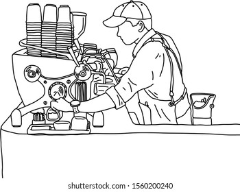 Young male barista standing in front of the counter with coffee machine in the coffee shop vector illustration sketch doodle hand drawn with black lines isolated on white background