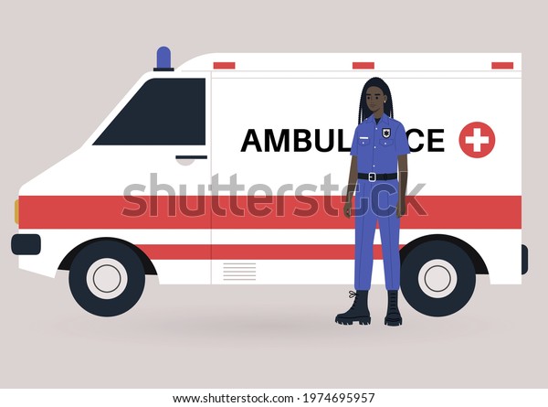 A young male Black ambulance doctor\
on duty wearing a uniform, a health care\
concept