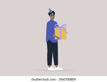 A young male Black character carrying a gift box with a big bow, a party event