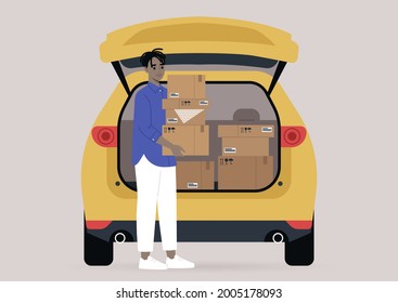 Young male Black character carrying cardboard boxes with personal belongings packed in them, a moving out scene